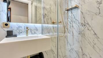 Shower, hair dryer, towels