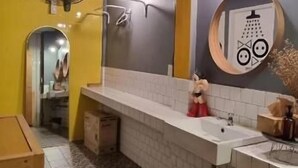 Une salle de bain avec un lavabo blanc, un miroir et un espace douche.