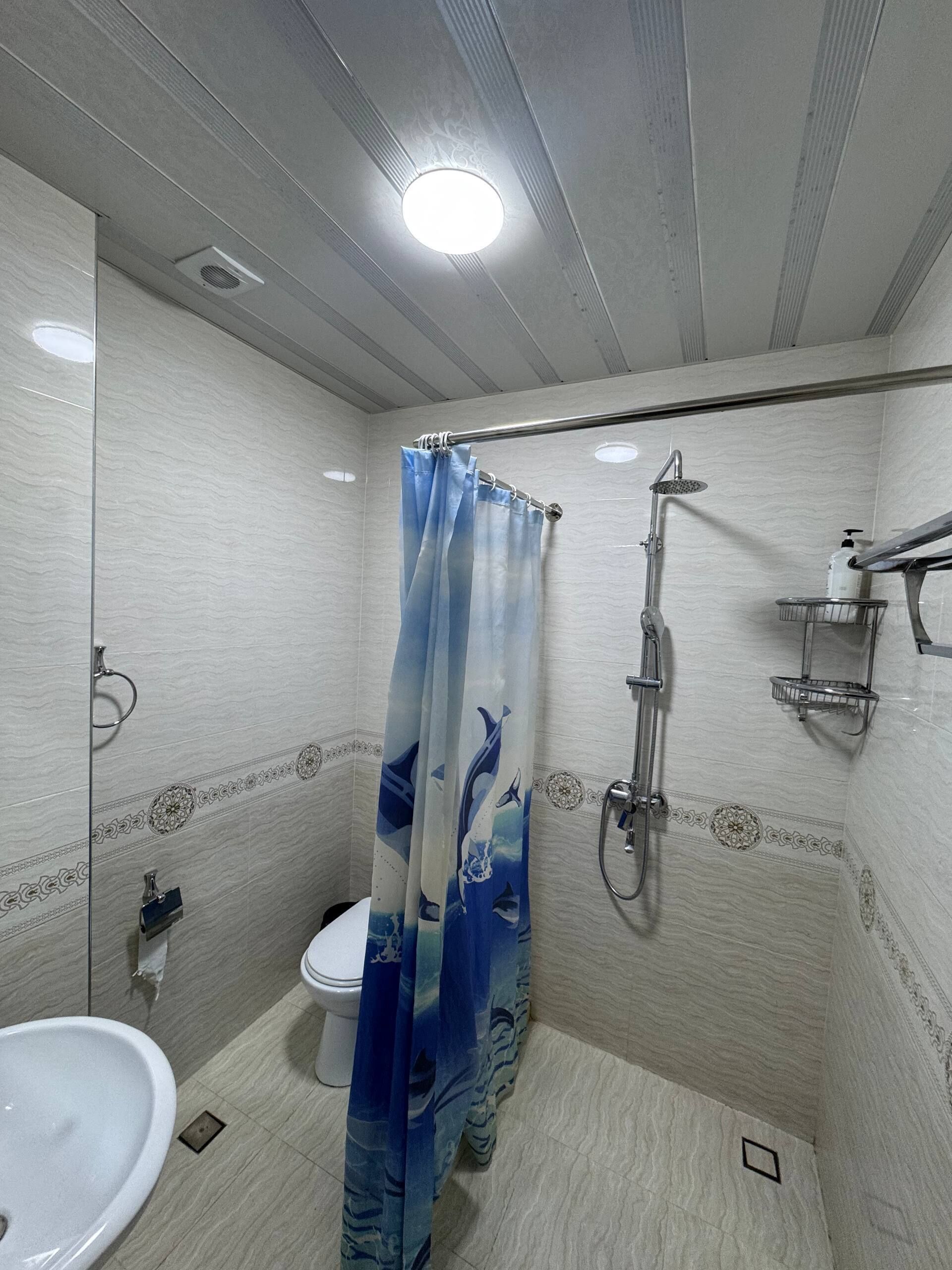 A bathroom with a shower, toilet, and sink.