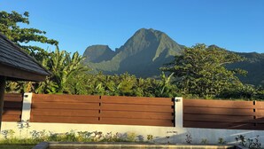 Une terrasse en bois surplombe une piscine à eau claire qui reflète le paysage environnant, notamment une montagne et une végétation luxuriante.