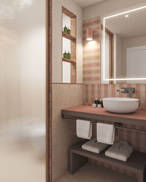 Appartamento Classic, vista giardino | Bagno | Doccia, asciugamani, sapone, shampoo
