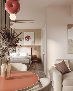 Appartement Deluxe, vue jardin | Coffres-forts dans les chambres, bureau, rideaux occultants