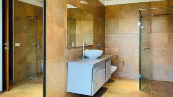 A modern bathroom with a glass shower enclosure, a white sink, and a large mirror above the vanity.