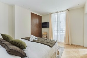 1 bedroom, desk, iron/ironing board, bed sheets