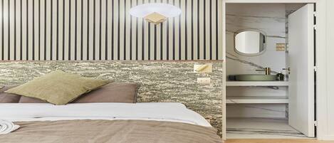 Desk, iron/ironing board, bed sheets