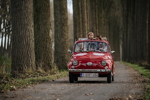 A vintage red car with a license plate on a forest road.