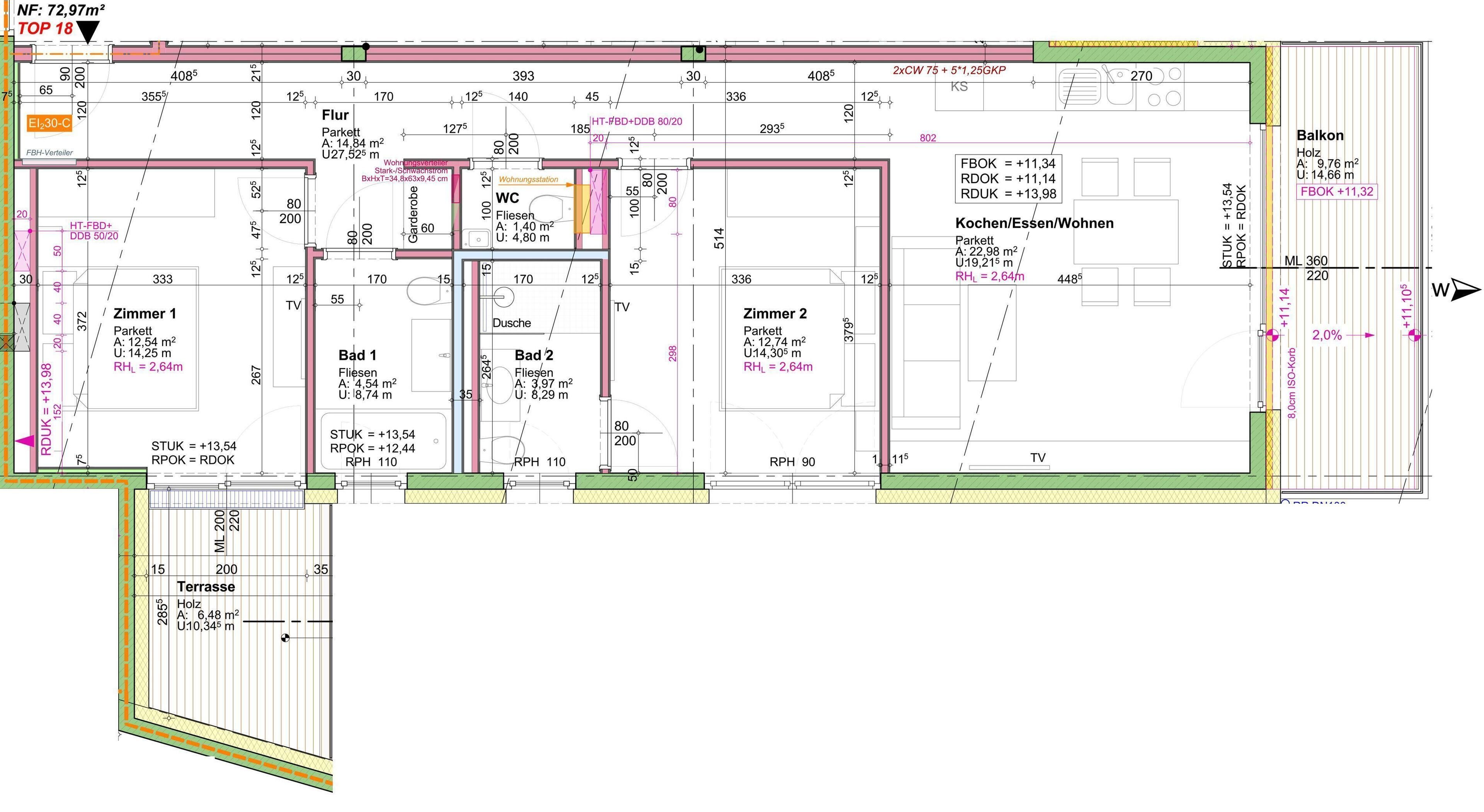 A detailed floor plan of a hotel with multiple rooms, including a balcony, TV rooms, and a terrace.
