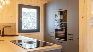 Une cuisine moderne équipée d’une cuisinière intégrée, d’un évier et d’une fenêtre donnant sur des arbres couverts de neige.