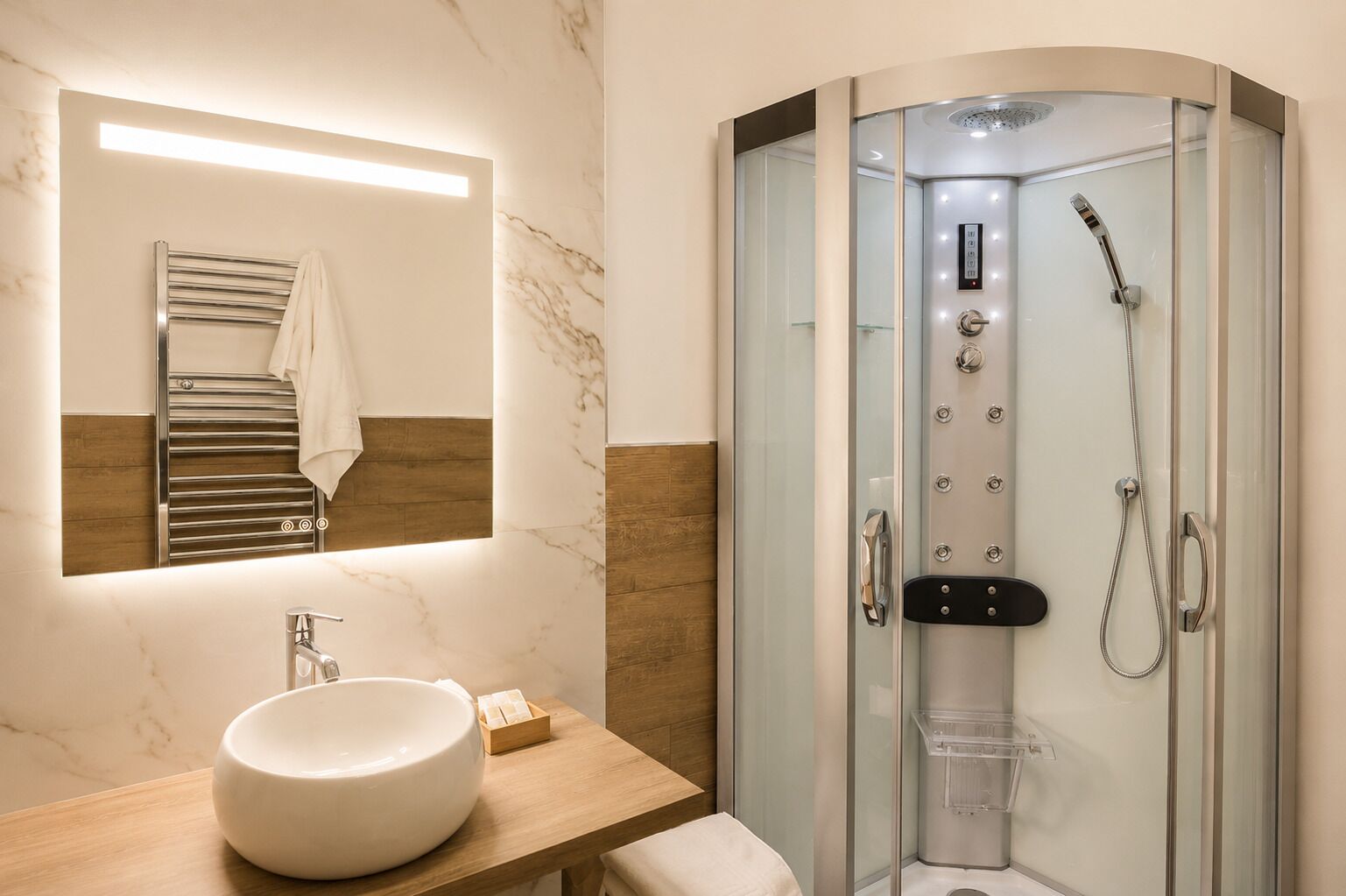 Ein modernes Badezimmer mit einem großen weißen Waschbecken, einer gläsernen Dusche und einem Holzbadezimmer-Möbel.