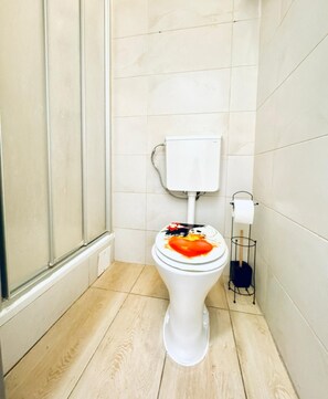 Basic Apartment | Bathroom | Shower, free toiletries, hair dryer, towels