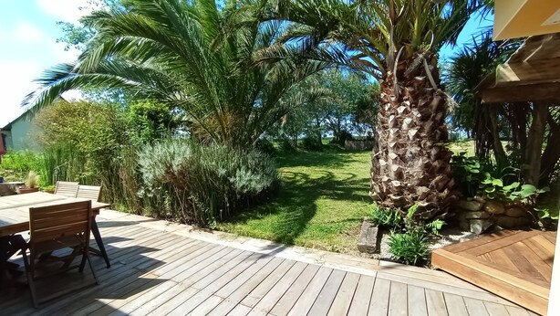 Eine Holzterrasse mit Tisch und Stühlen, umgeben von üppiger Vegetation und einer Palme.