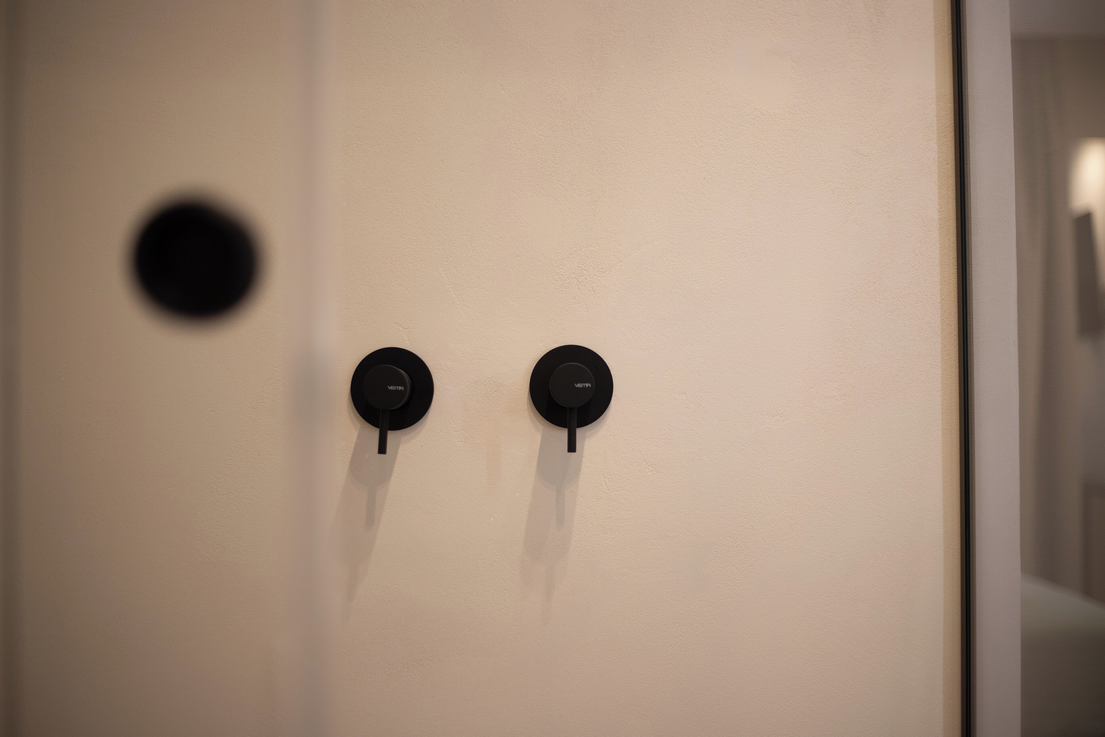 A door with two round, black handles and a circular indentation on the wall.