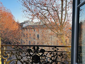 Ein Balkon mit aufwendiger Metallgeländerarchitektur mit Blick auf ein Gebäude, das von roten Herbstblättern gesäumt ist.