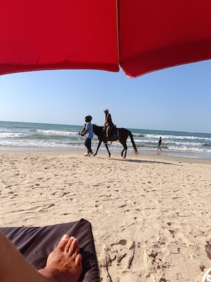 A beach scene with footprints in the sand, a person lying under a red umbrella, and a horse with a rider walking along the shore. - Perfect 3-bedroom apartment with AC in delightful Serrekunda (Serrekunda)