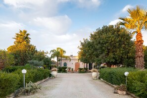 Un chemin de jardin qui mène à un bâtiment doté d’une porte et de fenêtres, le tout étant entouré de diverses plantes et arbres.