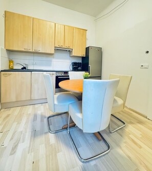 Basic Apartment | Private kitchen | Fridge, oven, stovetop, cookware/dishes/utensils