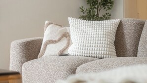 Una sala de estar moderna con un sofá, una planta pequeña y una almohada blanca con textura.