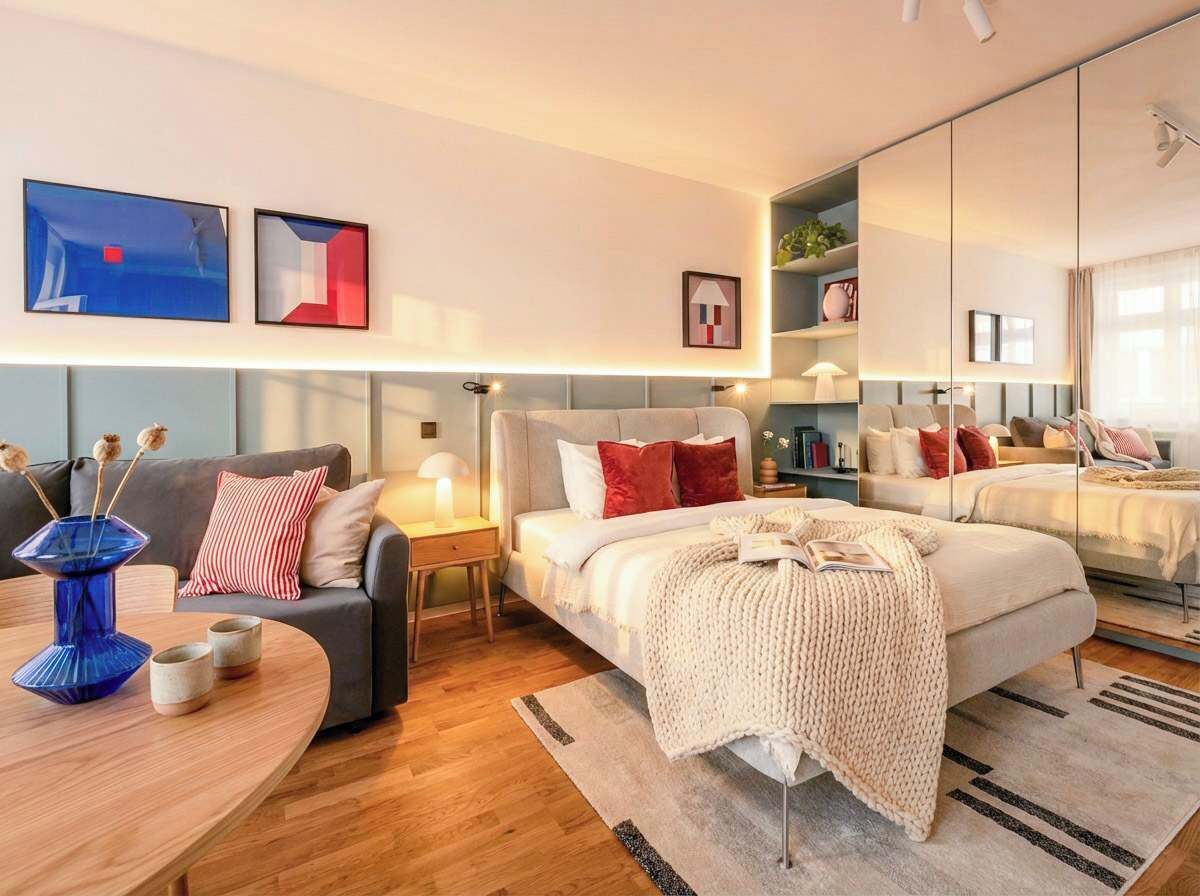 Une chambre d’hôtel moderne avec un grand lit, un canapé, une table à manger et un miroir.