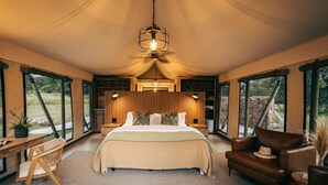 A spacious bedroom with a large bed, a wooden nightstand, a chair, and a table with a plant. - Summerplace Game Reserve (Vaalwater)