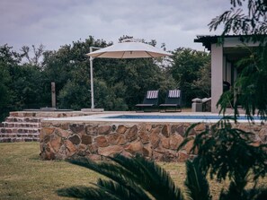 Outdoor pool, pool umbrellas, pool loungers