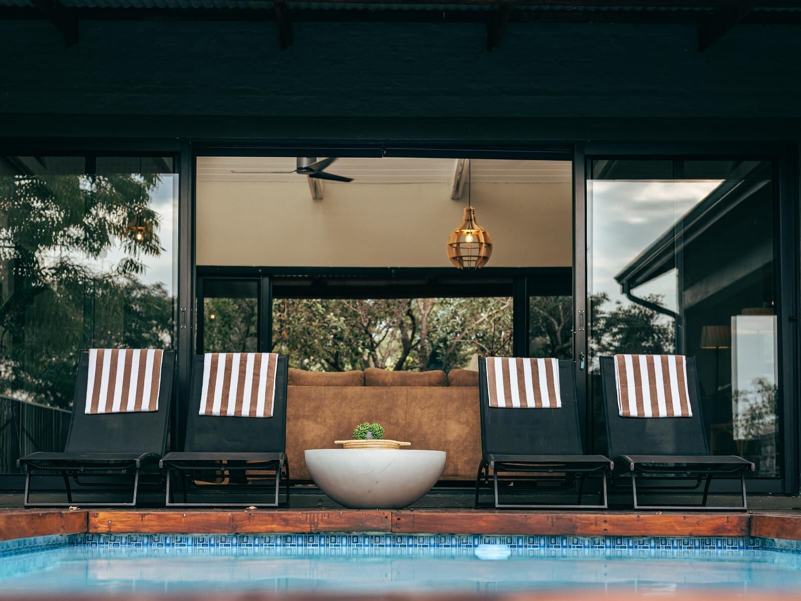 Outdoor pool, pool umbrellas, pool loungers