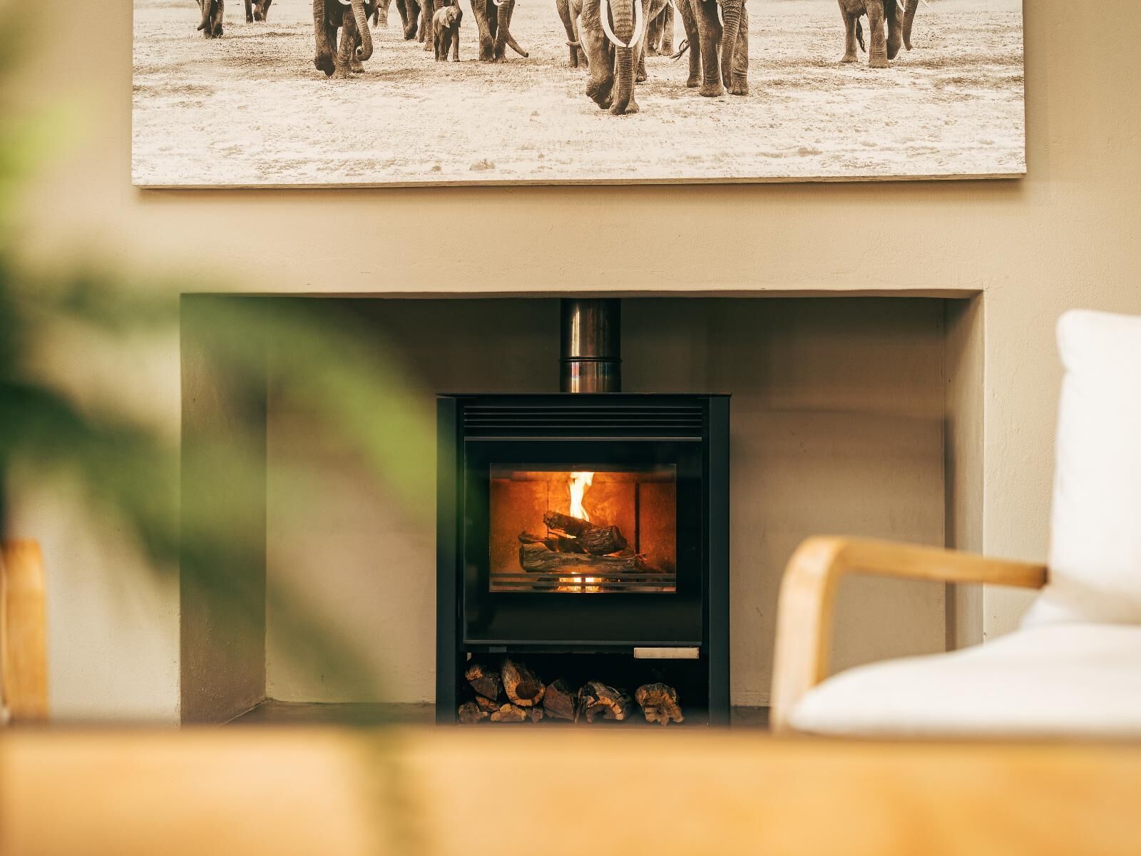 A cozy room with a wood-burning stove, a framed picture above the fireplace, and a plant in the foreground.