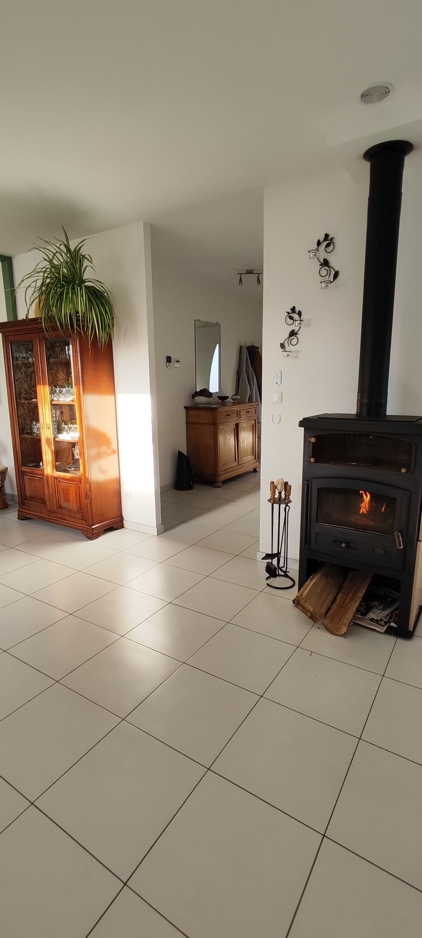 Un salón amplio con suelo de baldosas, un aparador de madera, una planta en maceta, una chimenea y un espejo en la pared.