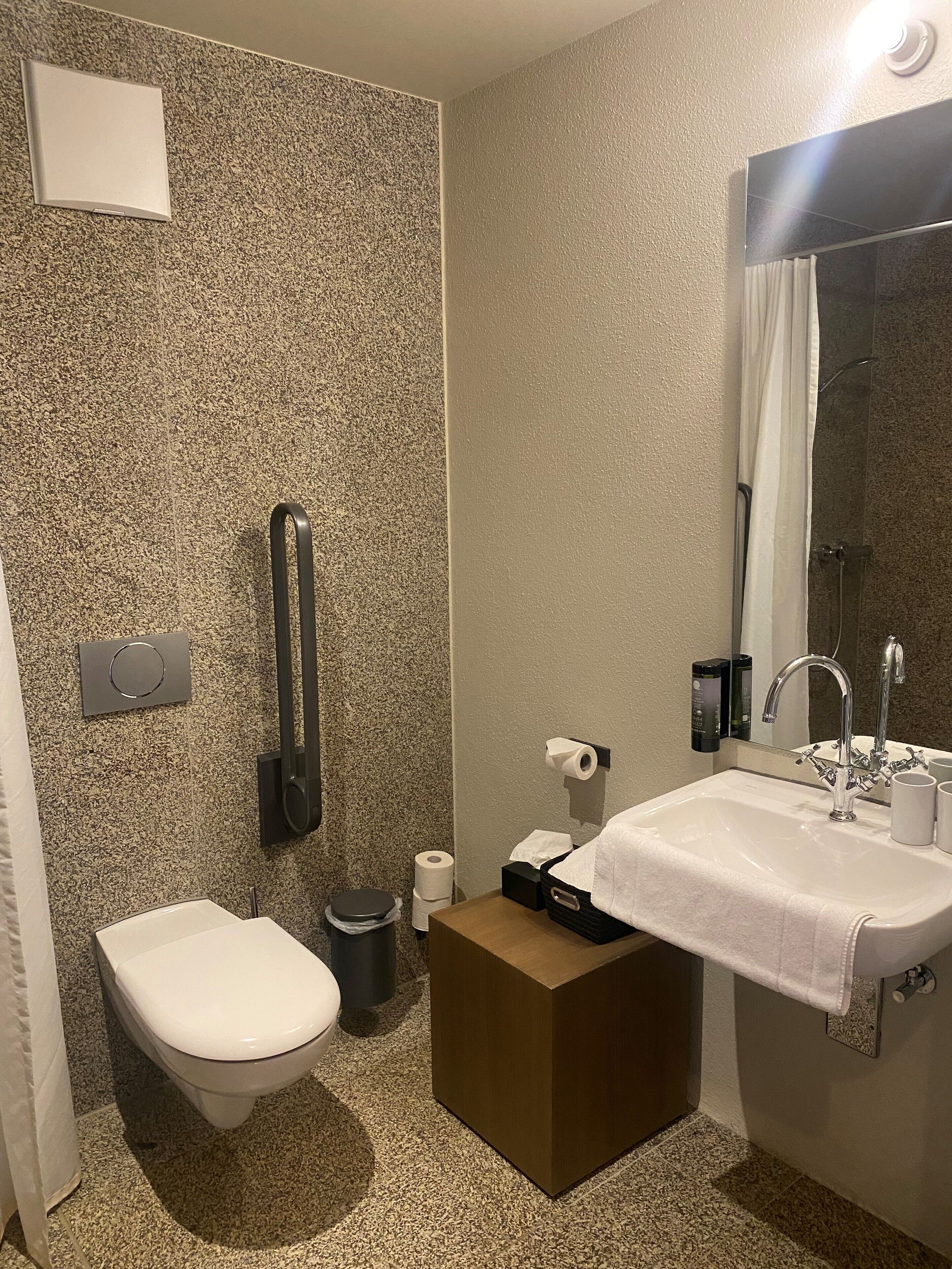 A bathroom with a toilet, bidet, sink, and mirror.