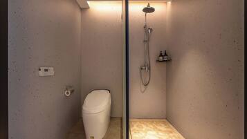 A small, modern bathroom with a shower, toilet, and a wall-mounted soap dispenser.