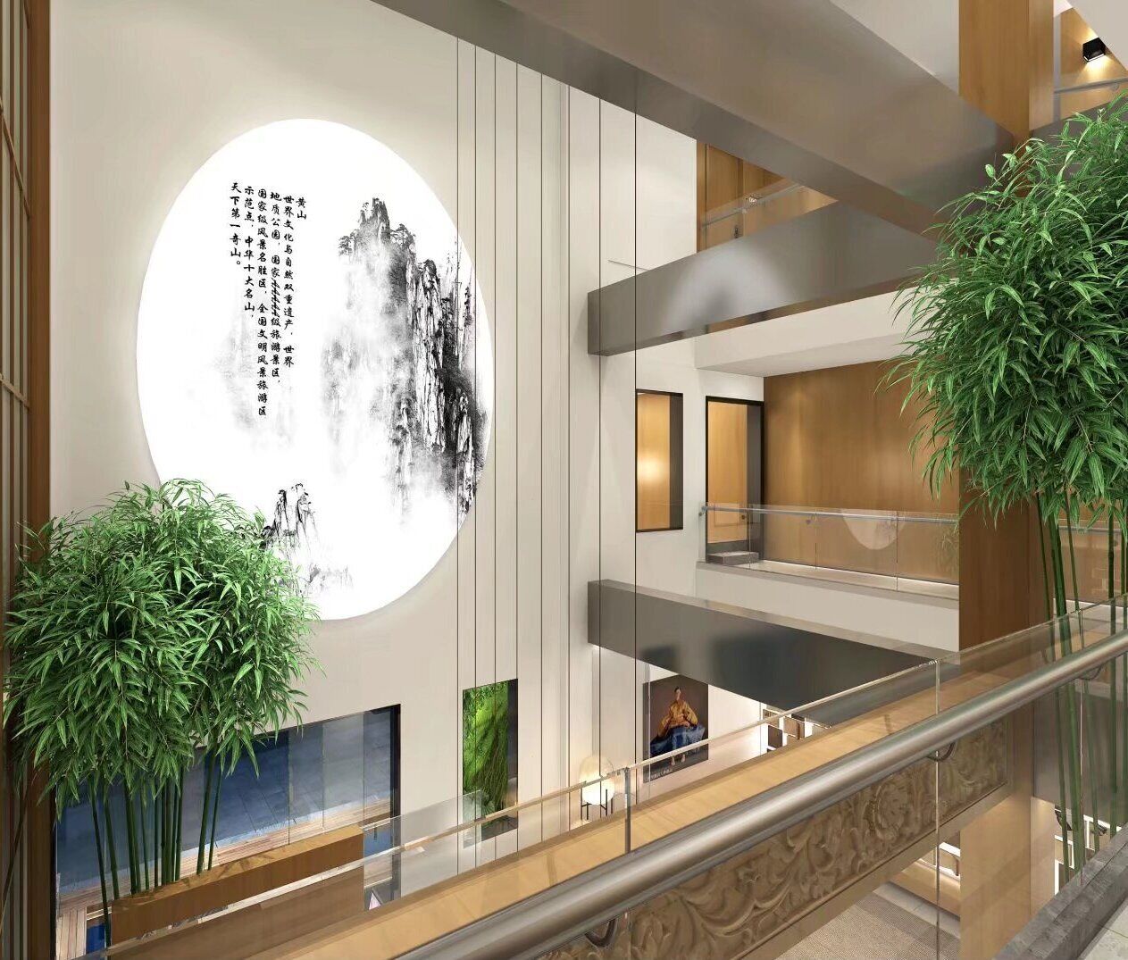 Un interior moderno con una gran obra de arte circular en la pared, una escalera y plantas en macetas.