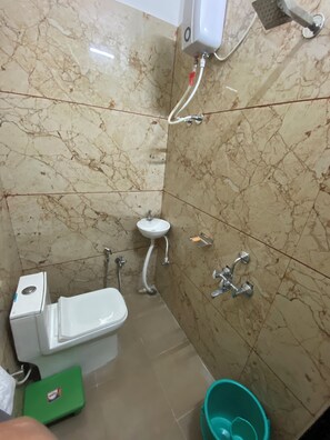 Driepersoonskamer | Badkamer | Een douche, zeep, shampoo, toiletpapier