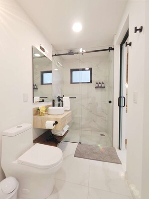 Ein modernes Badezimmer mit einer gläsernen Duschkabine, einer Toilette, einem Waschbecken mit Marmorplatte und einem Spiegel über dem Waschbecken.