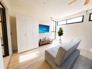 A modern living room with a grey sofa, a flat-screen TV mounted on the wall, a potted plant, and a wooden cabinet. - Coco 8 · 30 m² suite with terrace in Condesa · 1 bath (Mexico City)