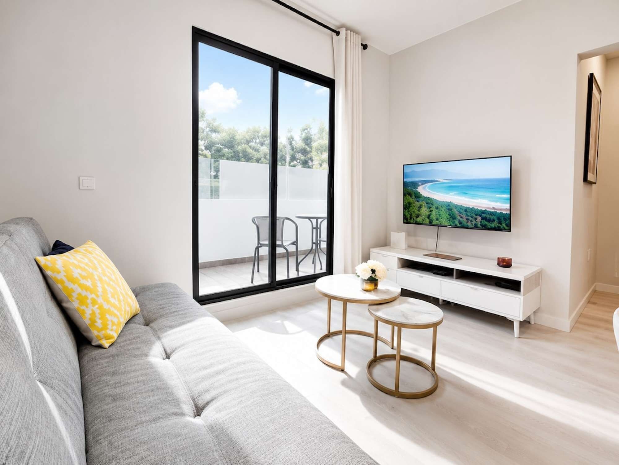 A modern living room with a grey sofa, a flat-screen TV, and a balcony with outdoor furniture.