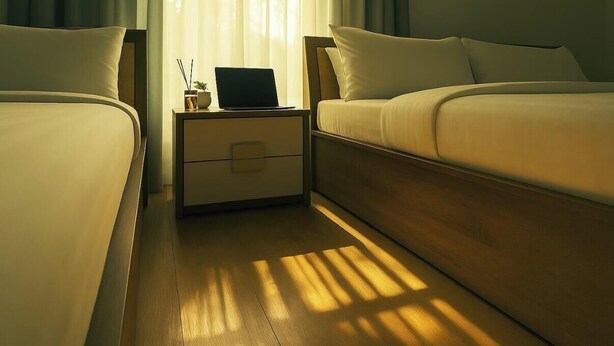 Habitación de hotel con dos camas, una mesita de noche con una computadora portátil y una pequeña mesa con una planta y una taza.