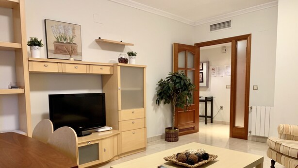 A living room with a TV, wooden furniture, a dining table, and a potted plant. - Central location, parking, next to the train (Cordoba)