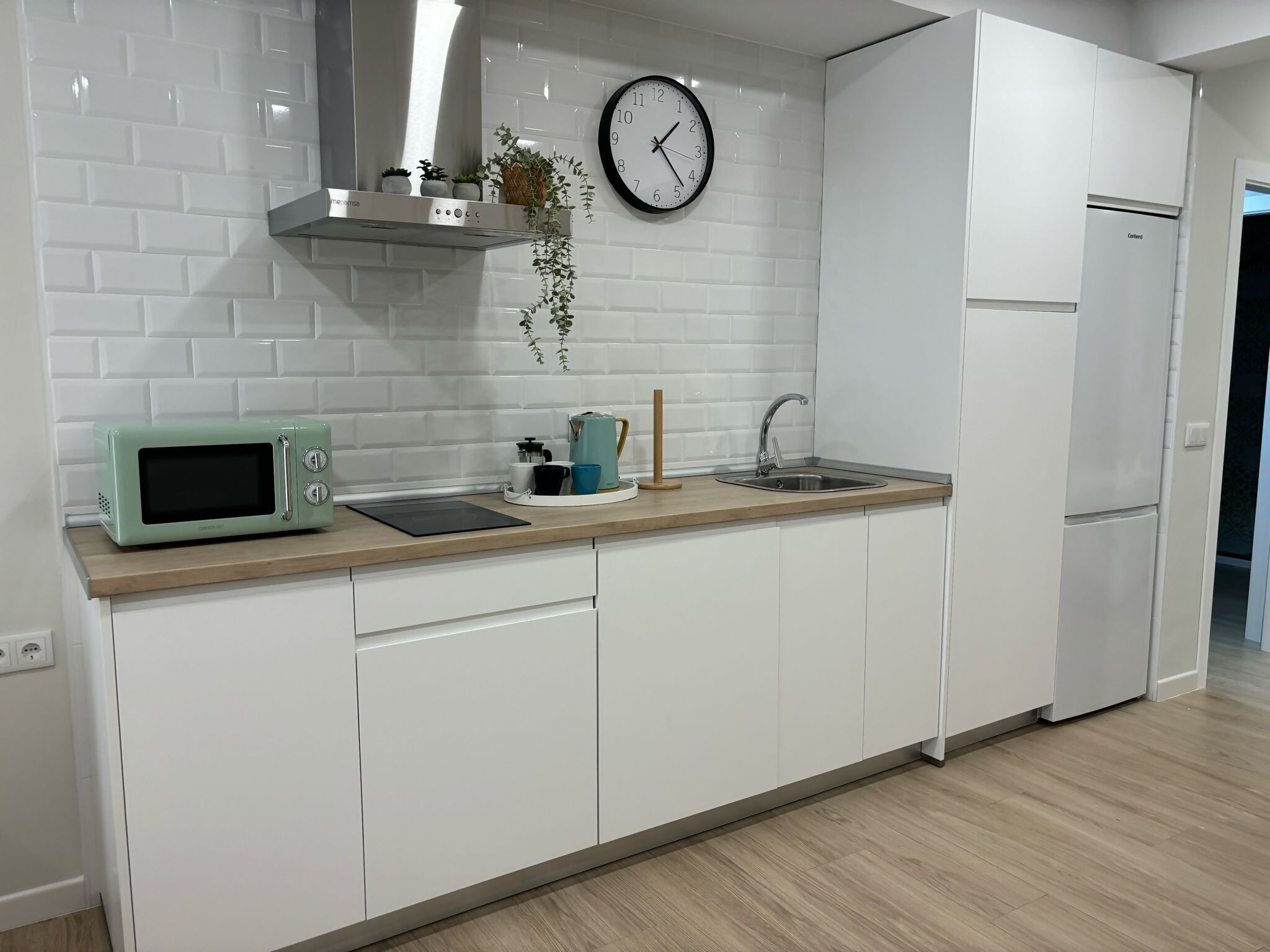 Fridge, microwave, toaster, cookware/dishes/utensils