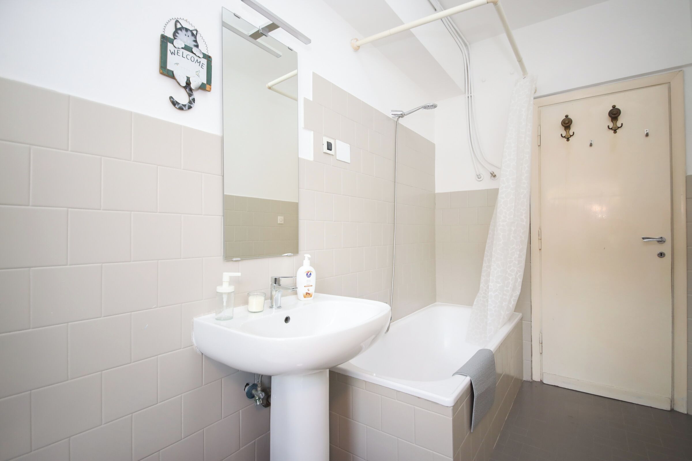 A bathroom with a white sink, a mirror, a shower, and a door.