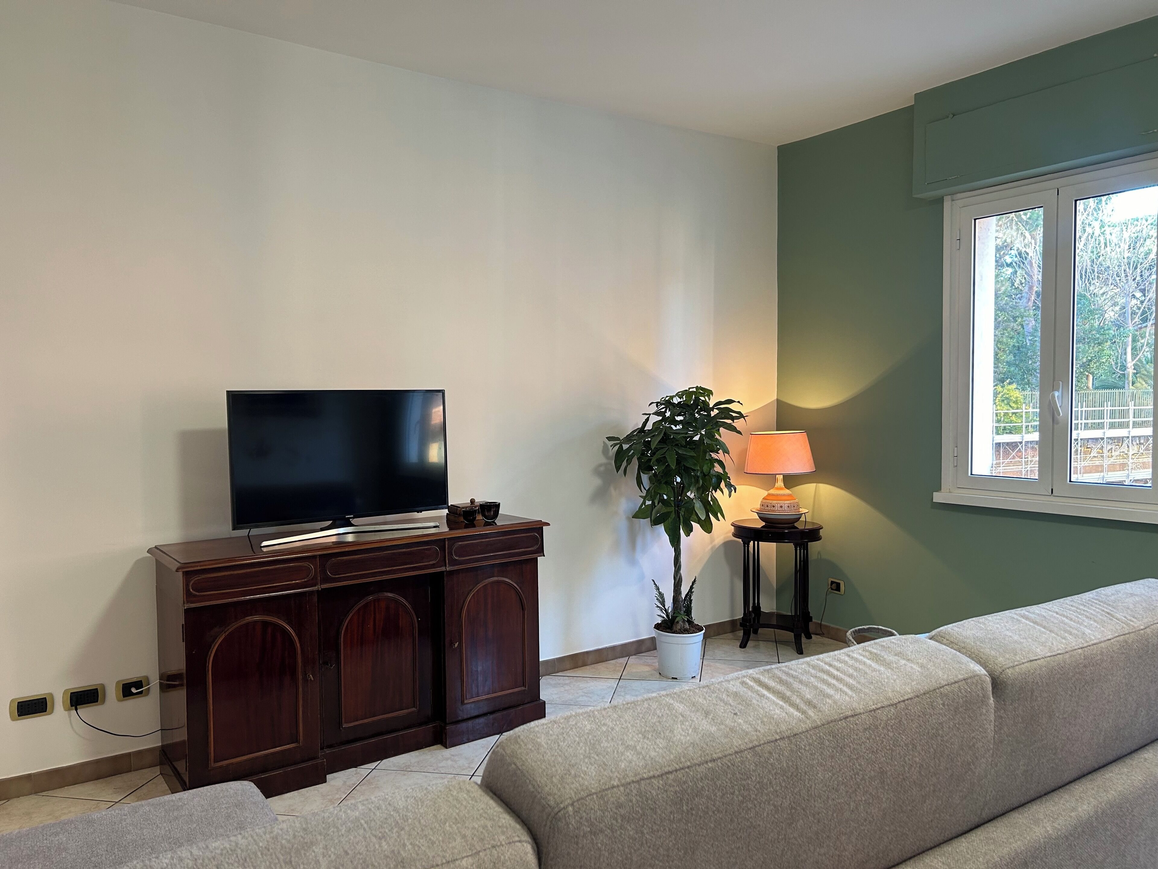 Un salon avec un téléviseur posé sur un meuble en bois, une plante, une lampe et une fenêtre donnant sur un paysage verdoyant.