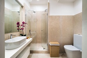 Regadera, secadora de cabello, bidet, toallas 