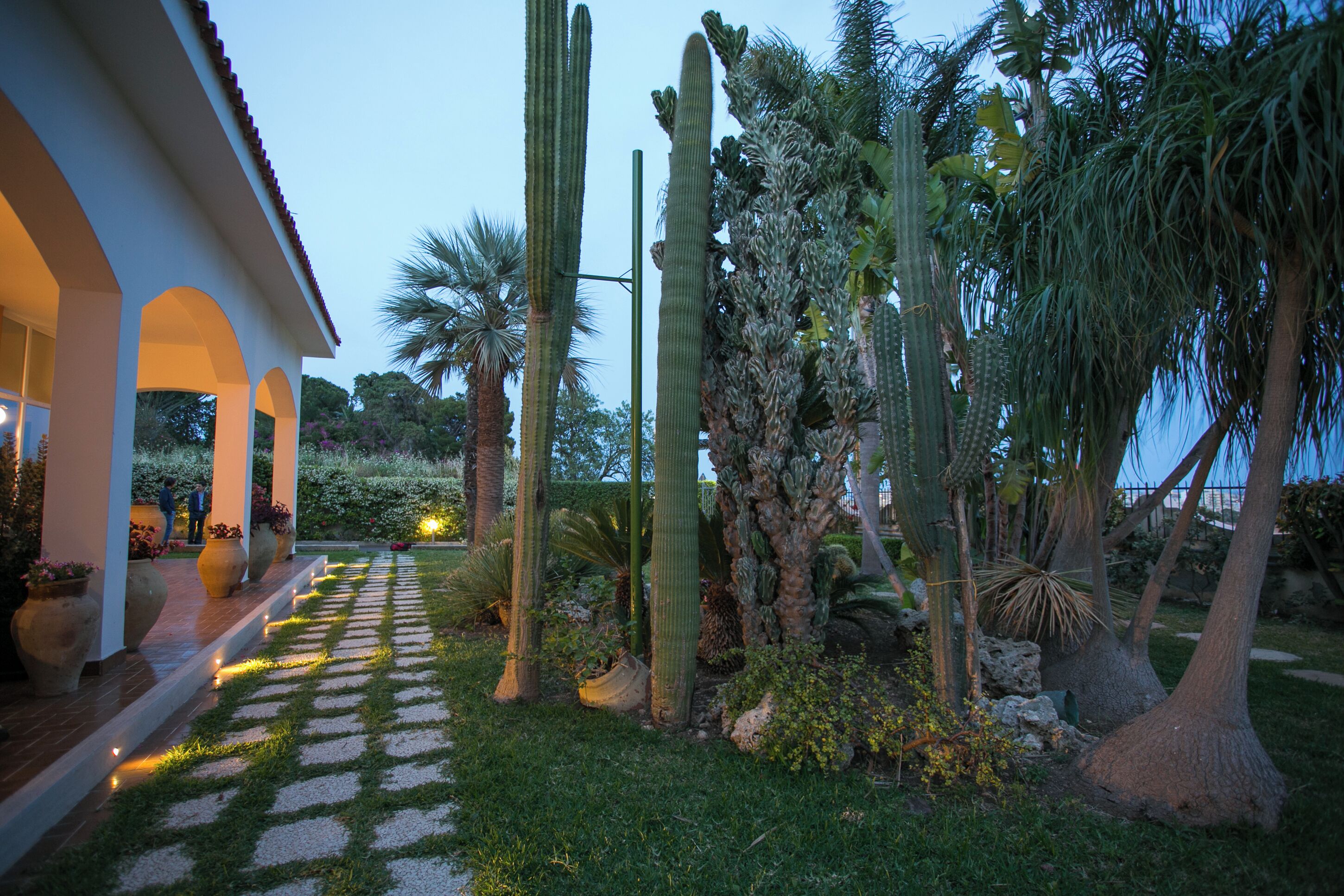 Un jardín con cactus y palmeras, un camino empedrado y un edificio con arcos.