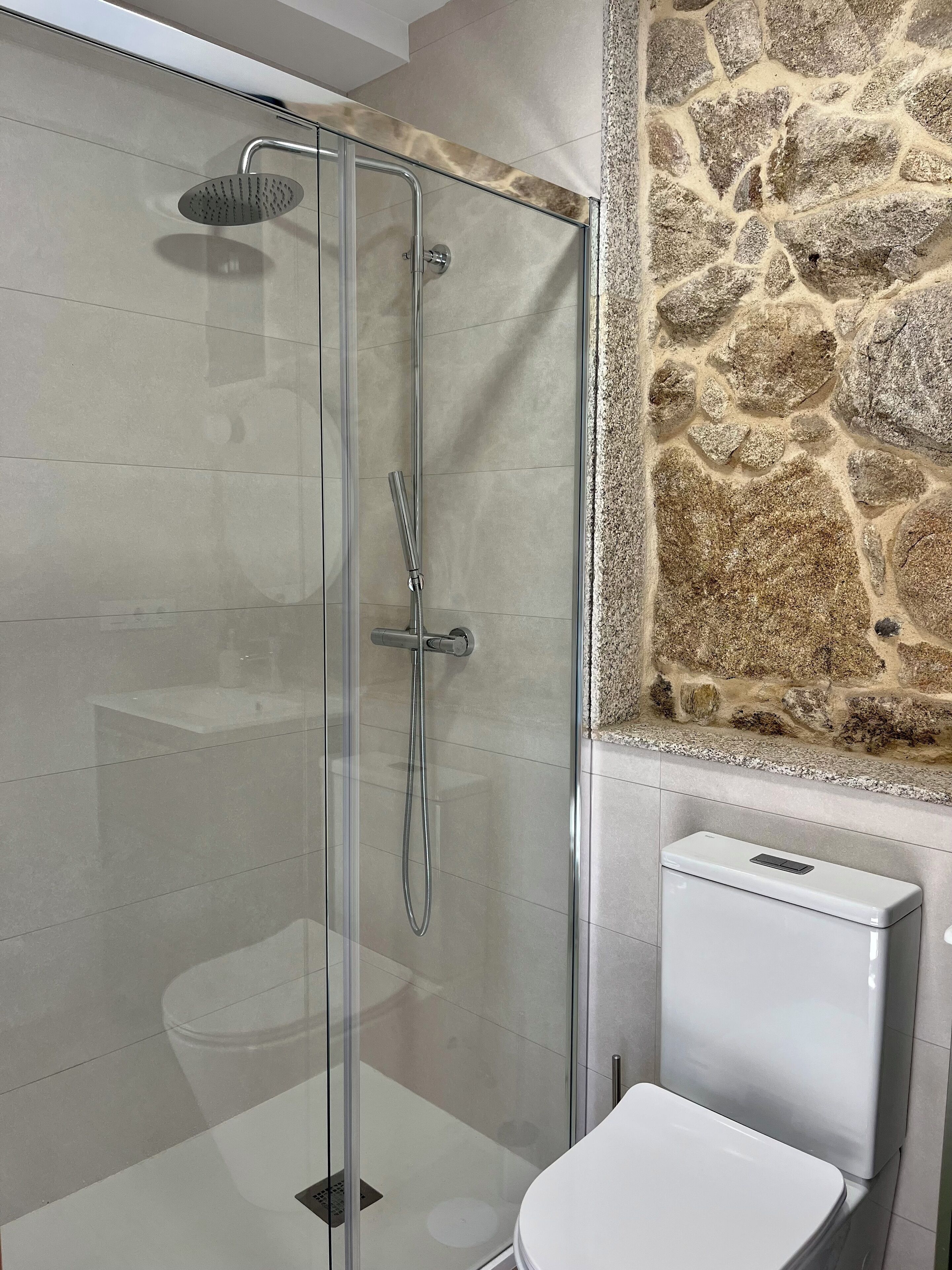 A modern bathroom with a glass-enclosed shower, a white toilet, and a stone wall.