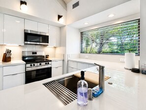 A modern kitchen with stainless steel appliances, a large window with a view of greenery, and a central island with a sink and a bottle of dish soap. - Sunset Serenade: Inspiring Views, Modern Desert Sanctuary...managed by Greenday! (Rancho Mirage)