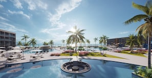 A resort with a large pool, palm trees, and a view of the ocean. - PORTO 2 LIFE RESORT (Ipojuca)