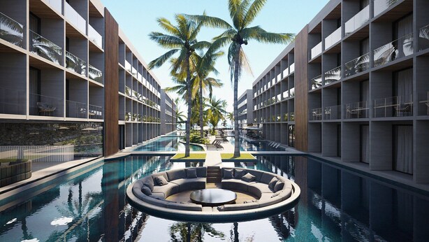 A modern hotel with a central infinity pool, palm trees, and a circular seating area. - PORTO 2 LIFE RESORT (Ipojuca)