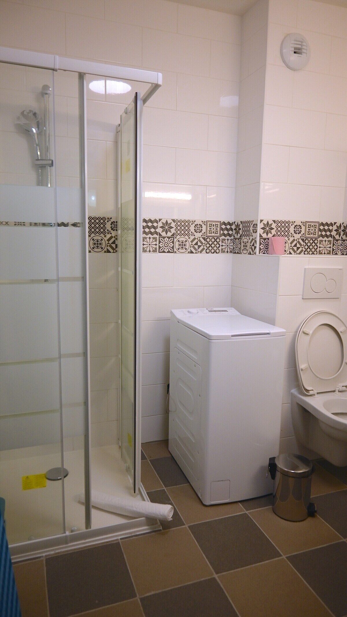 Une salle de bain avec une douche à parois de verre, un lave-linge, des toilettes et des carreaux décorés.