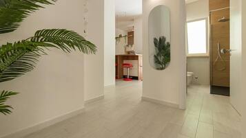 Shower, free toiletries, hair dryer, towels