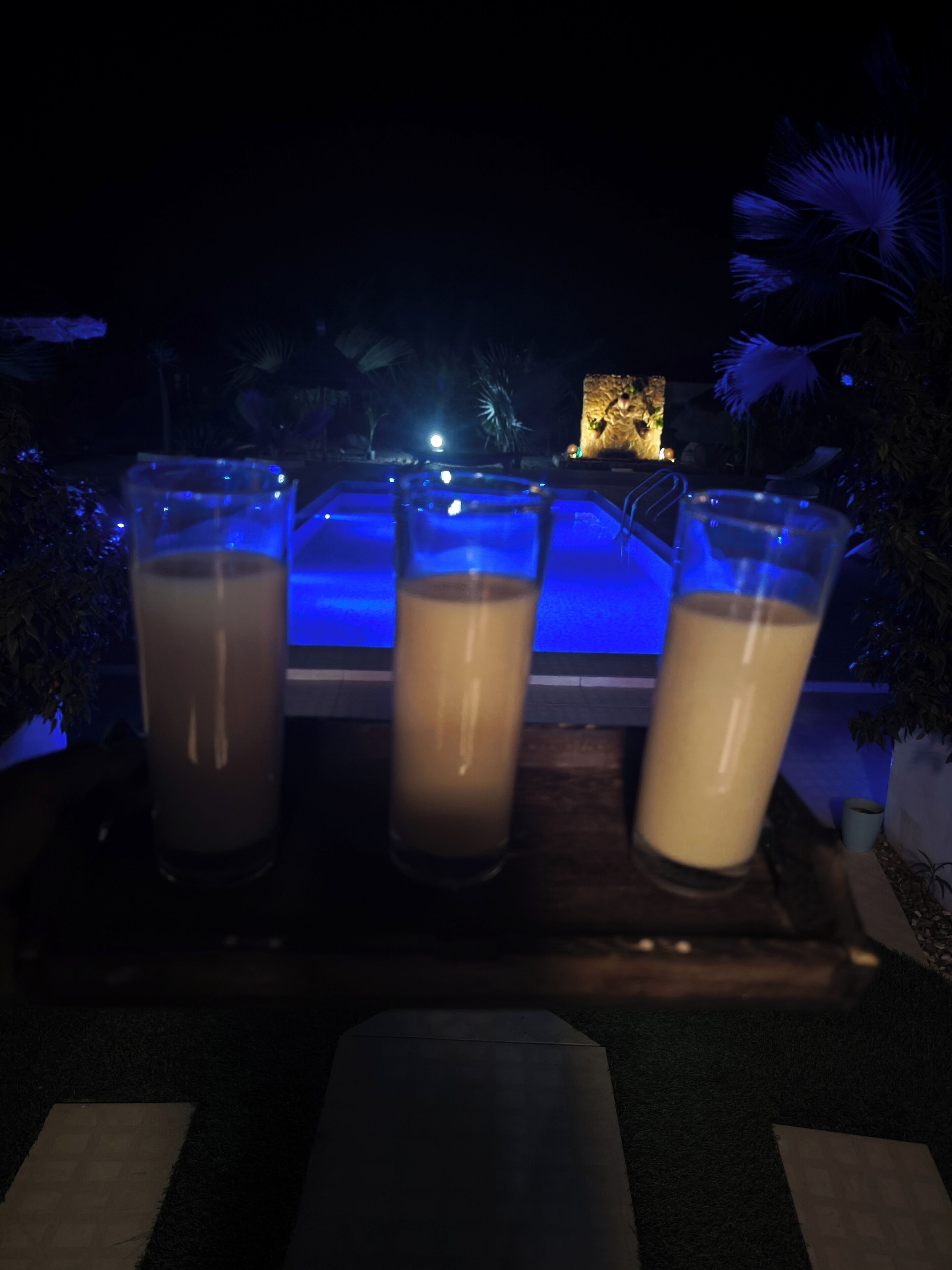 Un espace aménagé au bord de la piscine, avec quatre verres contenant une boisson, entouré de plantes et éclairé pour la nuit.