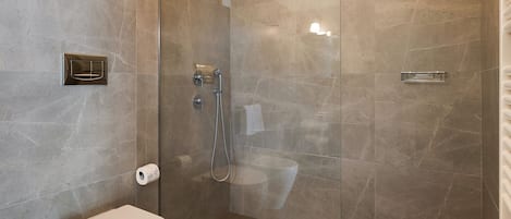 Shower, hair dryer, towels
