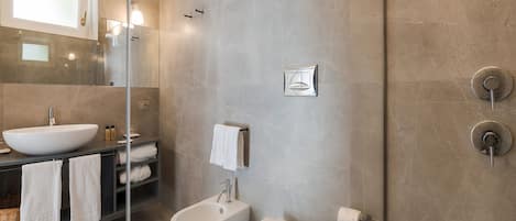 Shower, hair dryer, towels